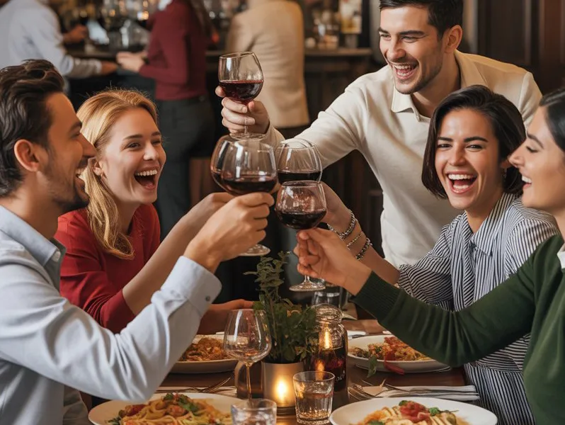 Freunde genießen gemeinsam in der Taverne Olive